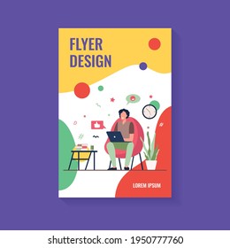 Happy freelancer with computer at home. Young man sitting in armchair and using laptop, chatting online and smiling. Vector illustration for distance work, online learning, freelance concept
