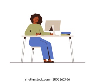 Happy freelancer female is working remotely and using the computer. African businesswoman and entrepreneur is at the workplace. Concept of freelance and remote occupation. Vector illustration. 