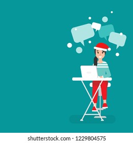 Happy freelancer girl with computer, santa hat and speech bubbles. creative hipster work at home. flat vector winter illustration. outsourcer with computer. Christmas cozy workplace