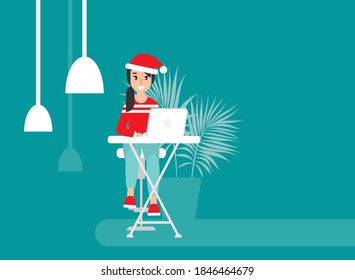 Happy freelancer girl with computer and santa hat. creative hipster work at home. flat vector winter illustration. outsourcer with computer. Christmas cozy workplace