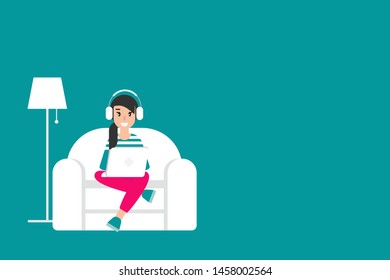 happy freelancer girl with earphones in chair with laptop. creative hipster work at home. flat vector illustration turquoise background. outsourcer with computer. free workplace, online job