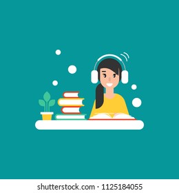 happy freelancer girl with earphones on desk with books. creative hipster work or study at home. flat vector illustration blue background. student with books. listen, online course