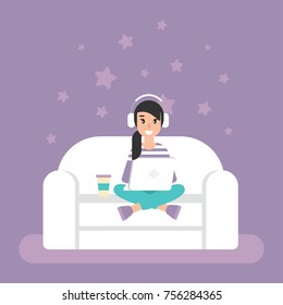 happy freelancer girl with earphones on sofa with laptop. creative hipster work at home. flat vector illustration violet background with stars. outsourcer with computer. free workplace, online job
