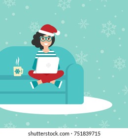 happy freelancer girl with glasses and santa hat on sofa with laptop. creative hipster work at home. flat vector illustration winter background. outsourcer with computer. Christmas cozy workplace