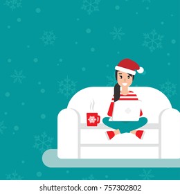 happy freelancer girl with glasses and santa hat on sofa with laptop. creative hipster work at home. flat vector illustration winter background. outsourcer with computer. Christmas cozy workplace