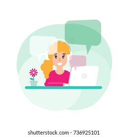 Happy freelancer girl on computer with speech bubbles. flat vector cartoon illustration. outsourcer on work table with laptop. chatting online, home workplace, online internet. EPS10