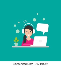 Happy freelancer girl on computer with speech bubbles. flat vector cartoon illustration on turquoise background. outsourcer on work table with laptop. chatting, home workplace, job online, internet. 