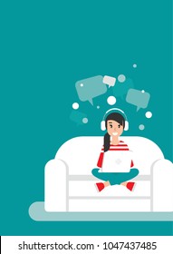 Happy freelancer girl on sofa with computer, headphones and speech bubbles. flat vector illustration on turquoise background. outsourcer with laptop. chatting, home workplace, job online, internet. 