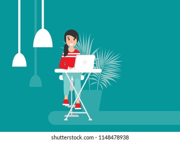 happy freelancer girl on table with laptop. creative hipster work at home. flat vector illustration turquoise background. outsourcer with computer. free workplace, online job