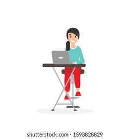 happy freelancer girl on table with laptop. creative hipster work at home. flat vector illustration on white background. outsourcer with computer. free workplace, online job