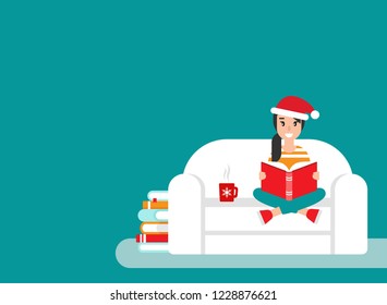 happy freelancer girl with santa hat on sofa with book. creative student study at home. flat vector illustration winter background. Christmas cozy workplace