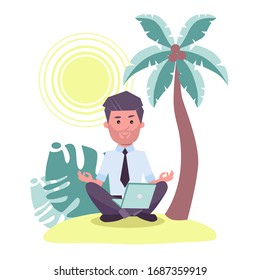 Happy freelancer with laptop computer working on the beach, freelance work concept. Freelance concept vector illustration in cartoon style. Bearded freelancer working remotely from his laptop.