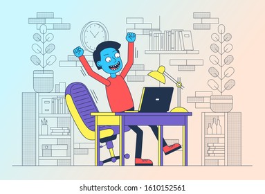 Happy freelancer with laptop jumped up for joy. Successful man with computer. Online winning celebration. Vector illustration.