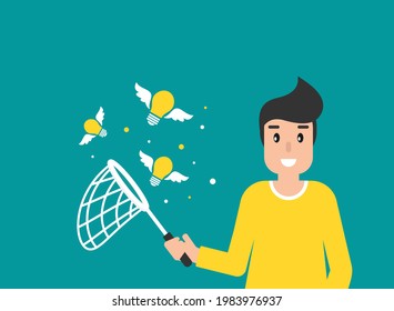 Happy freelancer man with butterfly net and flying idea bulbs. flat vector illustration on blue.  Catch, hunt, chase ideas and solutions. Inspiration search concept.  creative, innovation, training. 