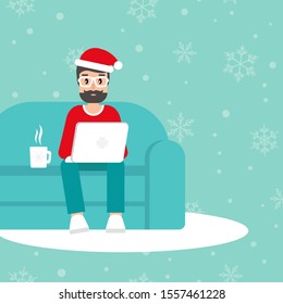 happy freelancer man with santa hat on sofa with laptop. creative hipster work at home. flat vector illustration winter background. outsourcer with computer. Christmas cozy workplace