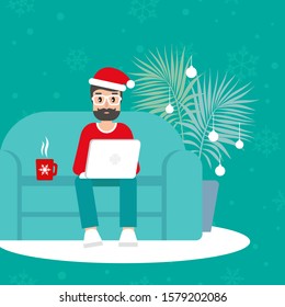 happy freelancer man with santa hat on sofa with laptop. creative hipster work at home. flat vector illustration winter background. outsourcer with computer. Christmas cozy workplace