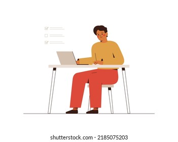 Happy freelancer or office male employee works using a laptop. Teenager Boy learning something online via computer. Concept of remotely job. Vector illustration