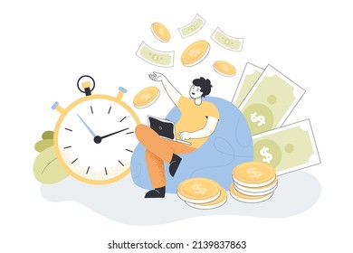 Happy freelancer on bean bag working from home. Money falling on successful male character flat vector illustration. Remote work, finances concept for banner, website design or landing web page