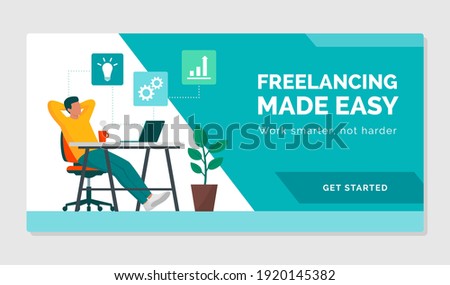Happy freelancer sitting at desk in his home office, thinking solutions and relaxing: he is working smarter, not harder, low-stress job concept