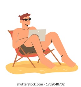 Happy freelancer spending summer on beach or balcony lying on chaise lounge with notebook or laptop. Man working on freelance. Remote work in internet on computer concept. Enjoy freedom from office.