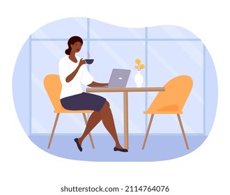 Happy freelancer woman. Girl with coffee sits at laptop, remote employee and work from cafe. Invigorating morning drink, energy. Comfortable working environmen. Cartoon flat vector illustration
