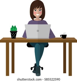 Happy freelancer woman with laptop and coffee. Office worker. Flat illustration. Hand drawn vector design.