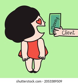 Happy Freelancer is working For A Customer And Receives Cash Reward Concept Card Character illustration