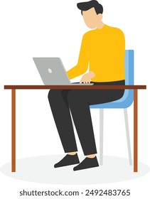 Happy freelancer working with laptop at home. Woman sitting on sofa chair, using laptop. Vector illustration for freelancer, morning, planning, routine concept

