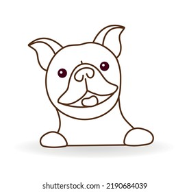 Happy French Bulldog or Frenchie standing full face. Funny dog breed icon isolated on white background. Linear vector editable illustration