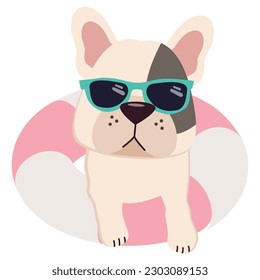 Happy French bulldog with sunglasses and floating ring, air mattress for summer