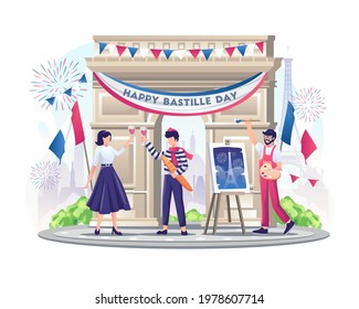 Happy French couple and Painter celebrate Bastille Day on 14th July. vector illustration