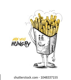 happy French fries cartoon character for monochrome fast food ad, Hand Drawn Sketch Vector illustration. 