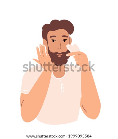 Happy Fresh Bearded Man with jade face guasha stone scraper.Male Facial yoga.Guy massaging his face.Acupuncture anti-aging traditional chinese medicine self care method.Vector flat illustration white