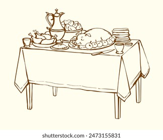 Happy fresh tasty royal home xmas day cook wine beer hot potato pie fat bbq ham snack slice plate tavern cafe bar set. Outline black line hand drawn past medieval age tale story art doodle menu style