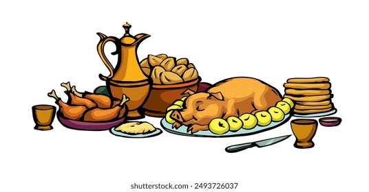 Happy fresh tasty royal home xmas day cook wine beer hot potato pie fat bbq ham snack slice plate tavern cafe bar set. Outline black line hand drawn past medieval age tale story art doodle menu style