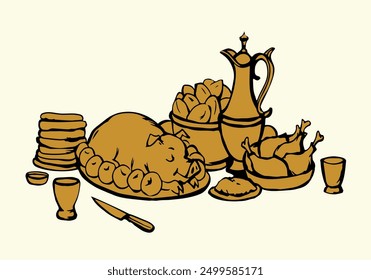 Feliz fresca sabrosa casa real día de Navidad cocinar vino cerveza caliente patata pie grasa barbacoa jamón snack taverna café bar set. Esquema de línea negra dibujado a mano pasado la edad medieval cuento historia arte doodle estilo de menú