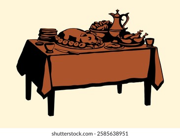 Happy fresh tasty royal home xmas day cook wine beer hot potato pie fat bbq ham snack slice plate tavern cafe bar set. Outline black line hand drawn past medieval age tale story art doodle menu style