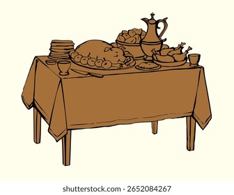 Happy fresh tasty royal home xmas day cook wine beer hot potato pie fat bbq ham snack slice plate tavern cafe bar set. Outline black line hand drawn past medieval age tale story art doodle menu style