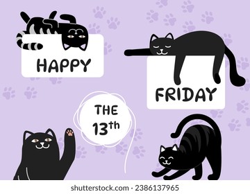 Happy Friday 13th concept. Black cats near letters and inscriptions. Mythology and legend. Spooky and creepy date. Poster or banner for website. Cartoon flat vector illustration