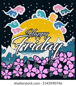 happy friday, beautiful greeting card background or banner with sea and flower theme. design illustration