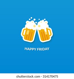 Happy friday card with two clang glasses of beer at blue background. Flat vector illustration.