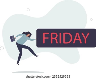 Happy Friday, relax or enjoy last working day and embrace weekend, tried routine day job employee, joyful lifestyle after stressful week long.flat characters.