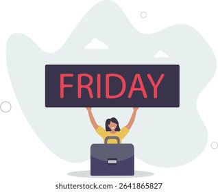 Happy Friday, relax or enjoy last working day and embrace weekend, tried routine day job employee, joyful lifestyle after stressful week long. character life .