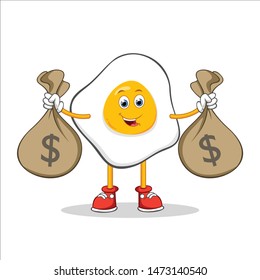 Happy Fried Egg Cartoon Mascot Character holding money bag