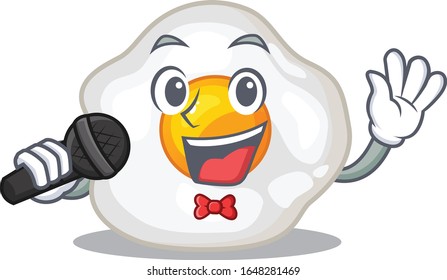 Happy fried egg singing on a microphone
