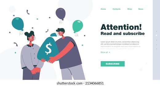 Happy friend or colleague giving sack of money to woman. Girl getting money as gift or reward flat vector illustration. Celebration, loyalty program concept for banner, website design or landing page