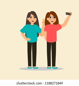 	
Happy friend are take selfie. twin sister are photographed together. Vector illustration in a flat style