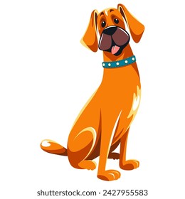 Happy friendly big ginger dog Great Dane sitting with tongue out, blue collar on neck. Flat vector illustration