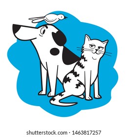 Happy friendly cartoon of dog, cat and bird sitting, Ideal for pet shops or vets. Vector illustration. Isolated on white background.