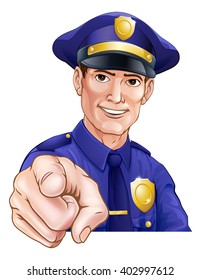 Happy friendly cartoon police officer policeman pointing